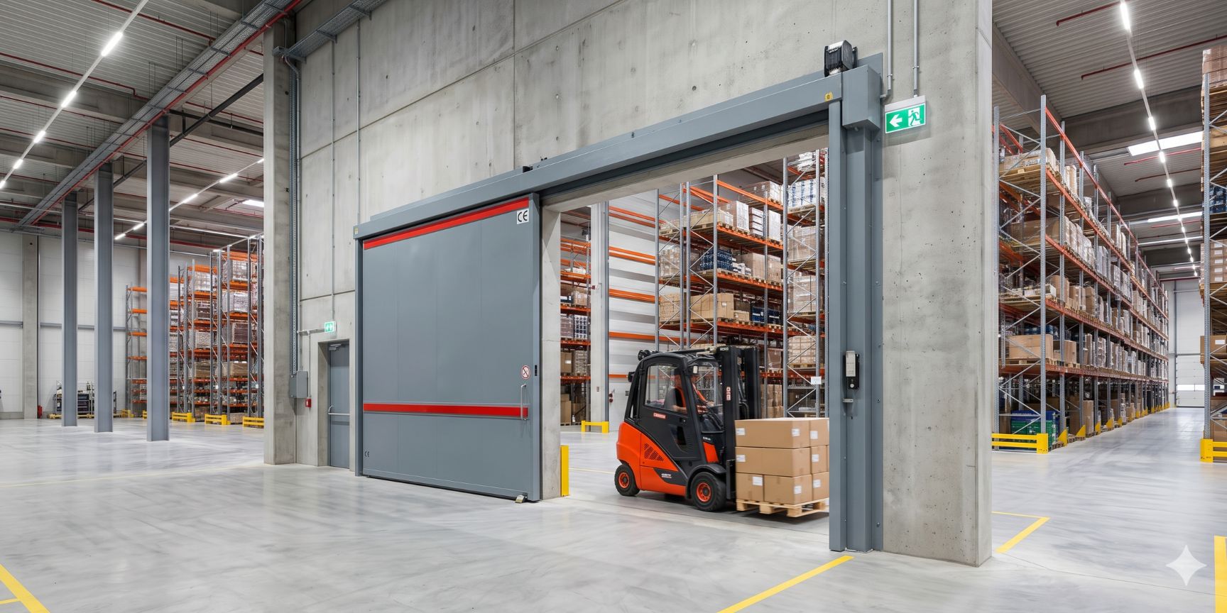 Großes, offenes Brandschutz-Schiebetor (T90) in einer modernen Logistikimmobilie. Ein Gabelstapler fährt mit Palette durch die Öffnung einer Brandwand.